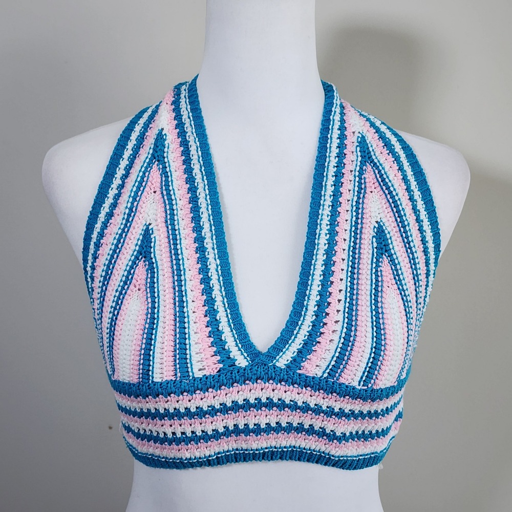 Crochet Halter Crop Top Womens Small Blue Pink Striped Boho Festival Hippie Crop